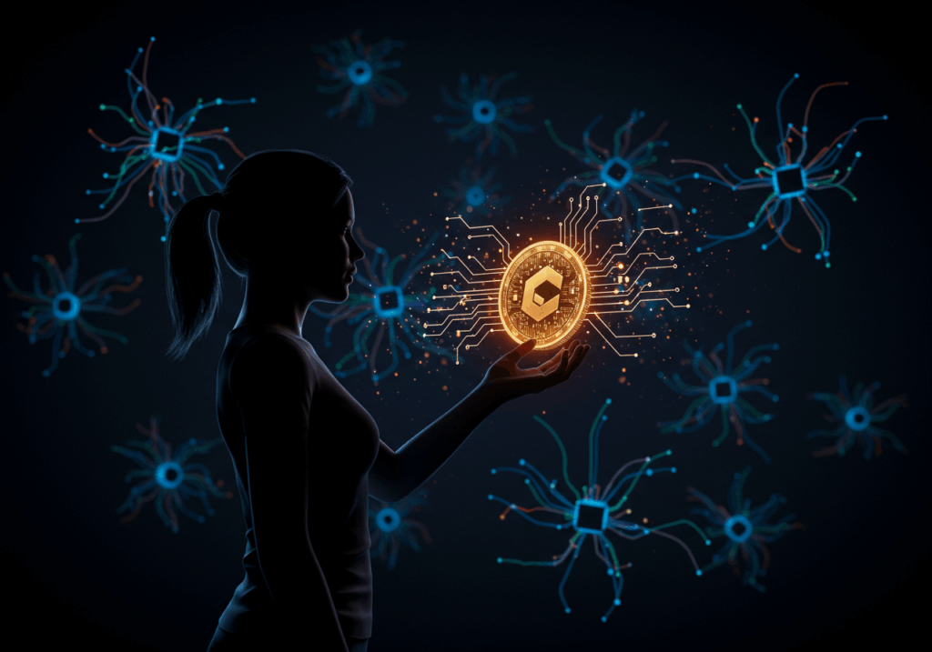 Human holding glowing AI digital currency symbolizing trust and control