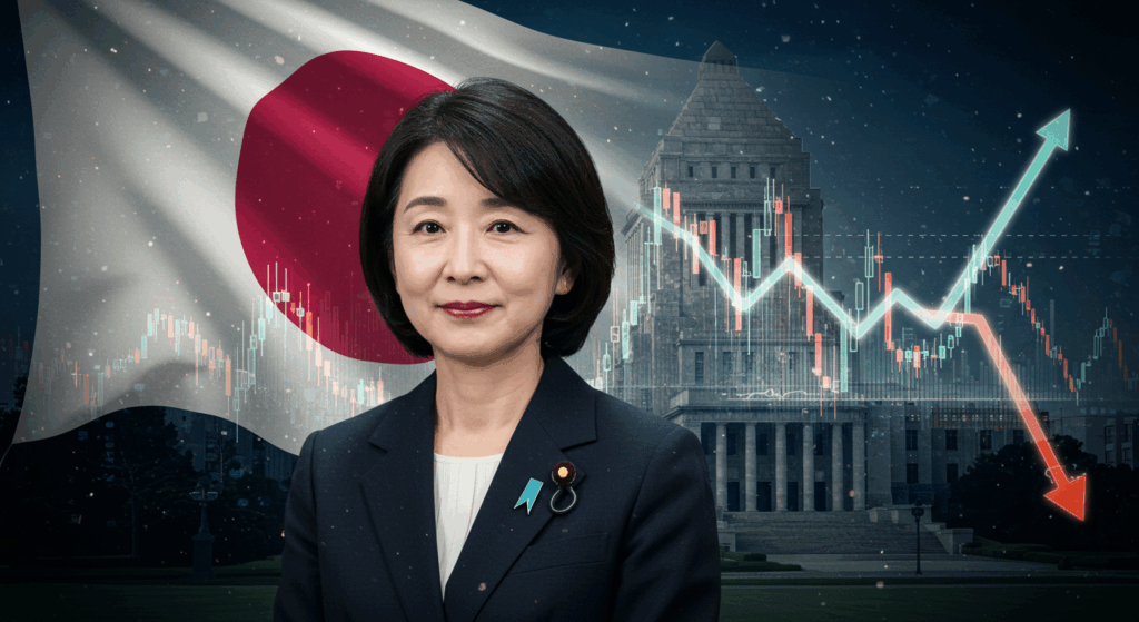 国旗と為替チャートと女性