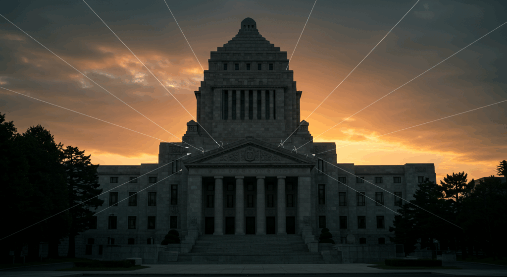 Japanese Diet building symbolizing political tension and coalition balance