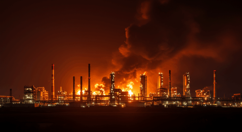 Drone attack on Russian oil refinery causing fire at night