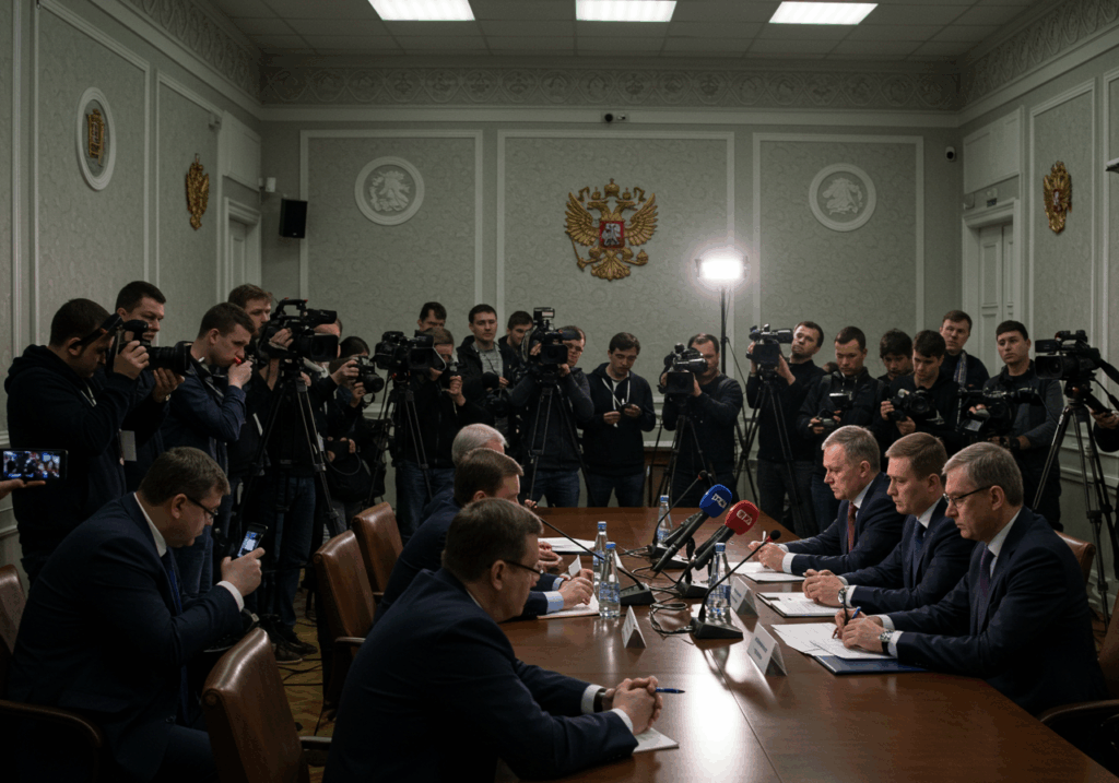Russian officials at press conference after refinery attacks