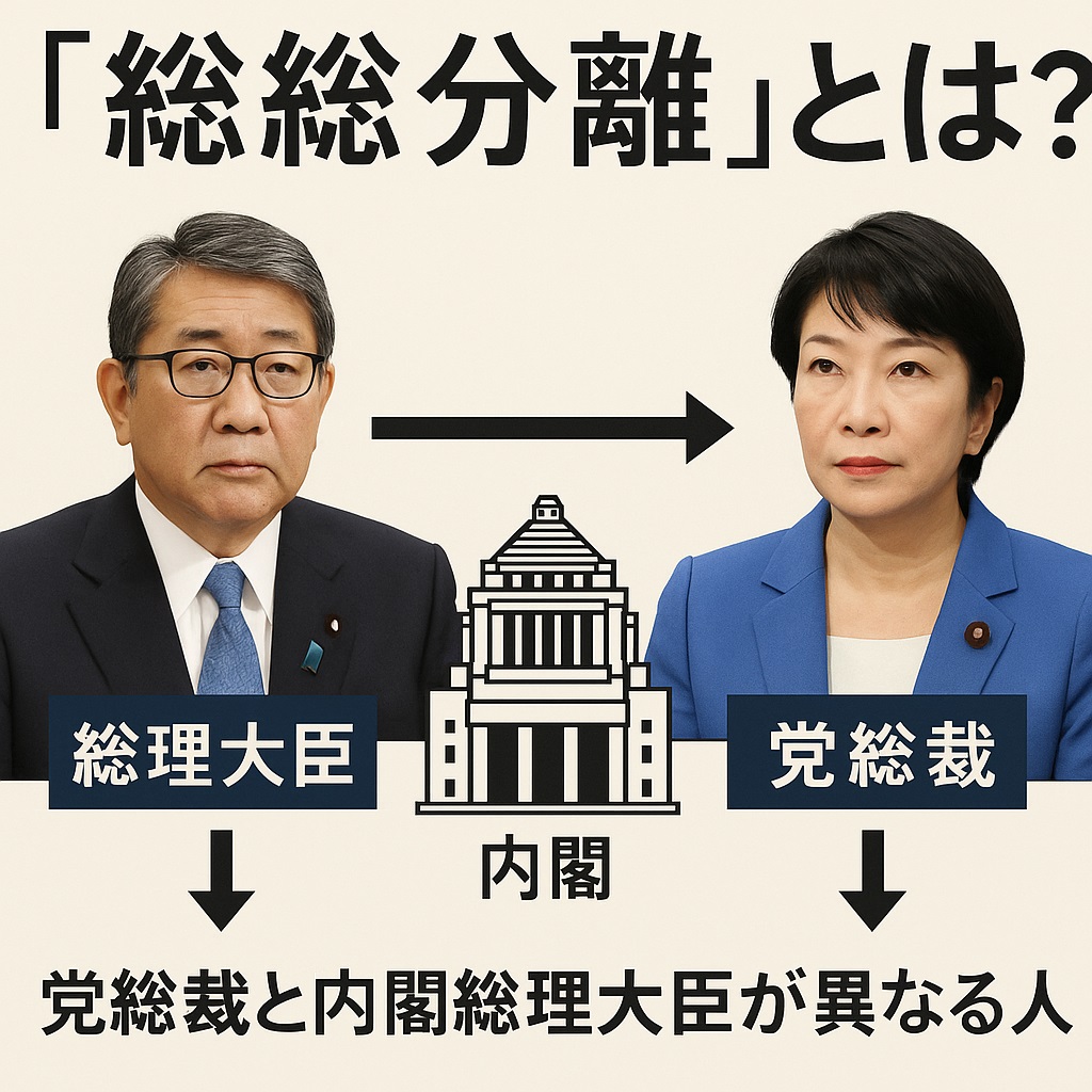 「総総分離」とは？ 自民党の政局で浮上した“党総裁と内閣総理大臣を別の人物にする構想”を図解。中央に国会議事堂、その左に「総理大臣」（男性政治家）、右に「党総裁」（女性政治家）が配置され、矢印で役割分担を示すインフォグラフィック。