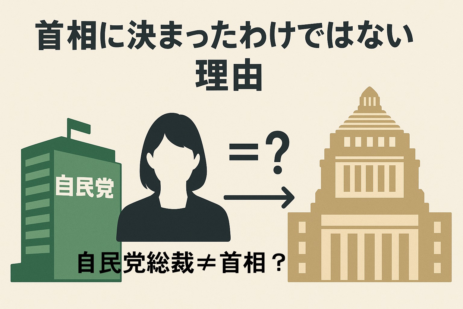 高市早苗氏が自民党総裁に当選したが、首相に決まったわけではない理由を解説する記事のアイキャッチ。自民党本部と国会議事堂を矢印でつなぎ、『＝？』の記号が描かれた政治制度の仕組みを示すイラスト。