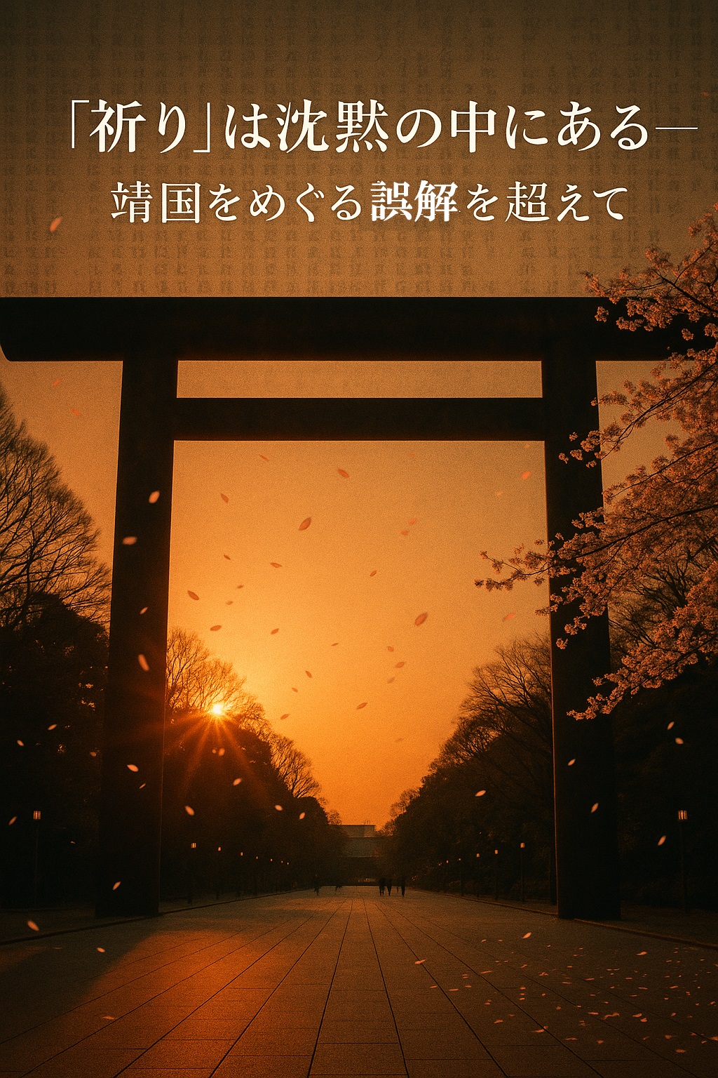 靖国神社の大鳥居を夕陽が照らす参道。桜が舞う静寂の中で、祈りと記憶を象徴する情景。靖国参拝問題や神道の死生観を中立的に解説する記事のアイキャッチ画像。