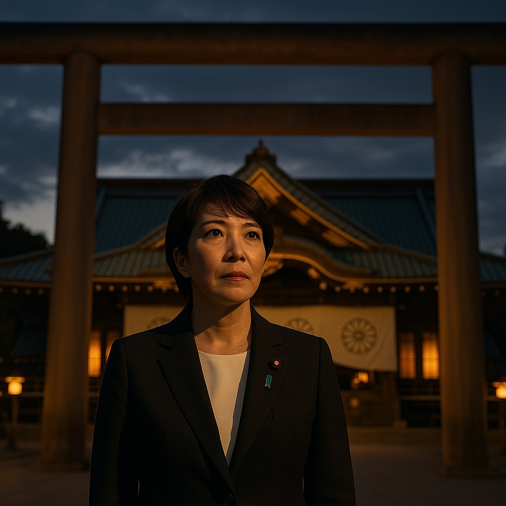 A Japanese female politician stands solemnly before Yasukuni Shrine at dusk, symbolizing faith, diplomacy, and political resolve.