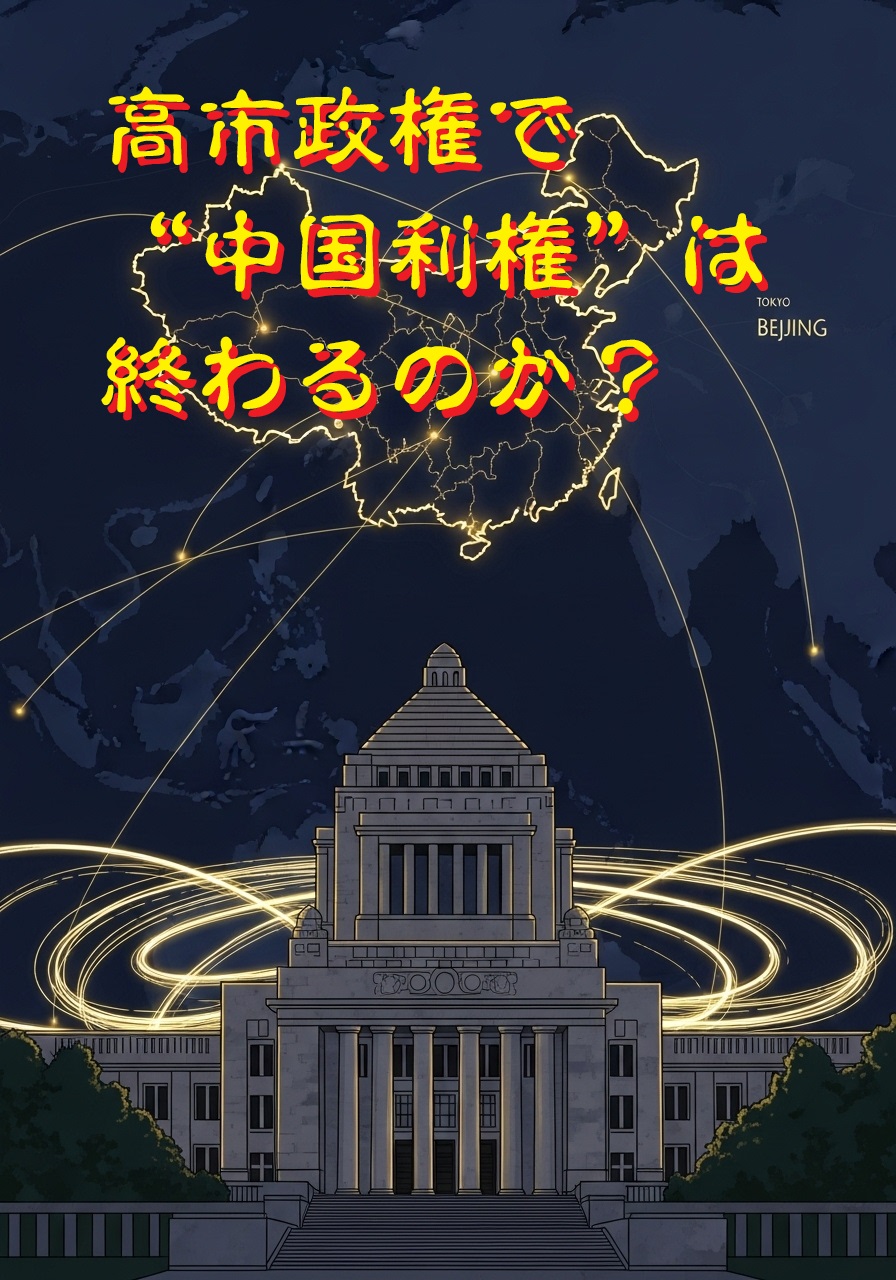 高市早苗政権の発足を象徴する夜の国会議事堂と、東京から北京へと伸びる金色の光のネットワークを描いたデジタルイラスト。中国利権と政治資金の流れ、そして透明化を示す光が交差し、経済安全保障と政治改革のテーマを視覚化している。