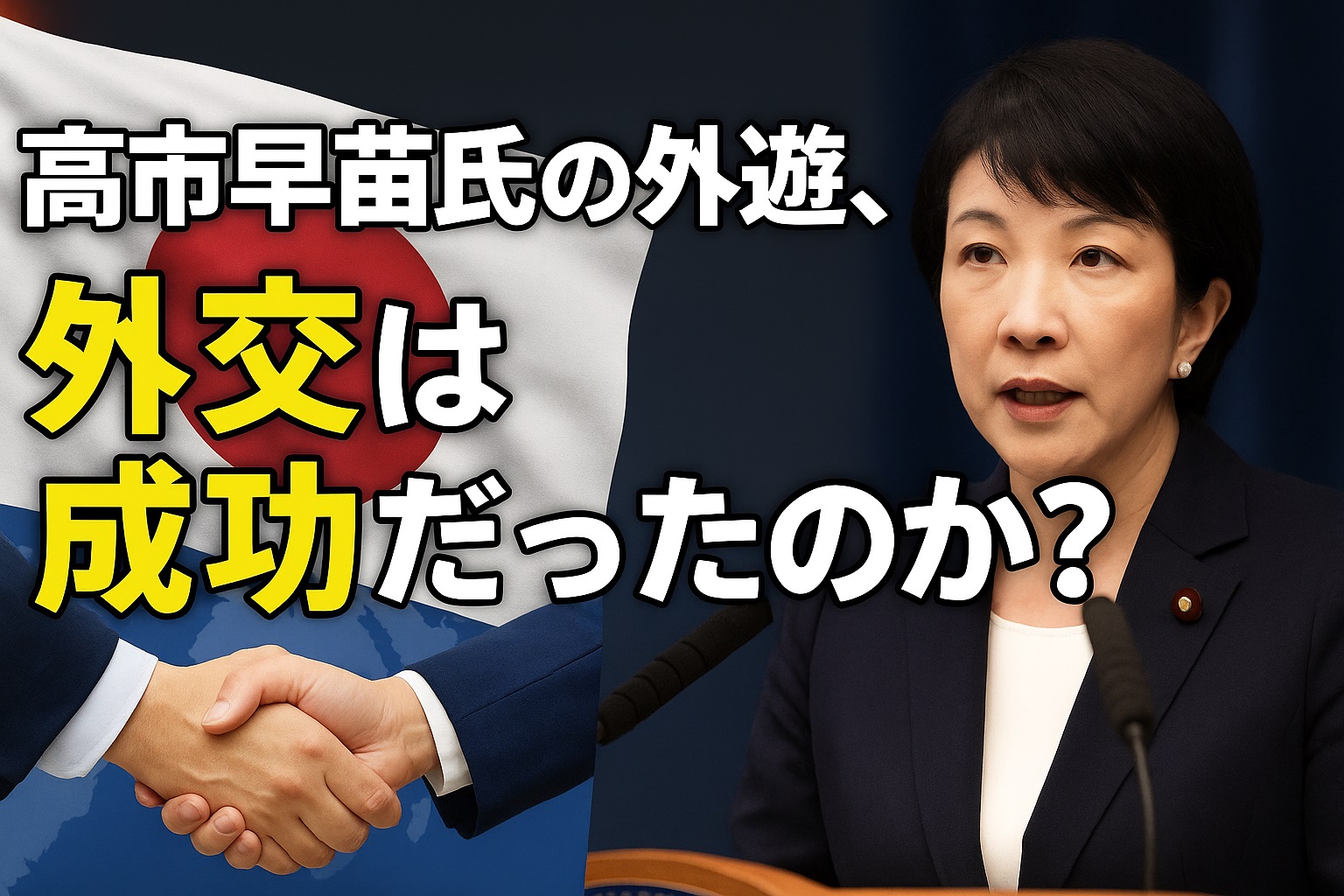 高市早苗首相が演説台で外交方針を語る姿。背景に日本国旗と握手の写真が重なり、『高市早苗氏の外遊、外交は成功だったのか？』という見出しが大きく配置されたアイキャッチ画像。