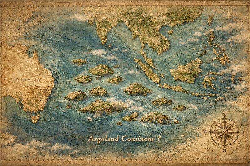 アルゴランド大陸の想像復元図。オーストラリア西方から東南アジアにかけて砕けた大陸片が分布している様子