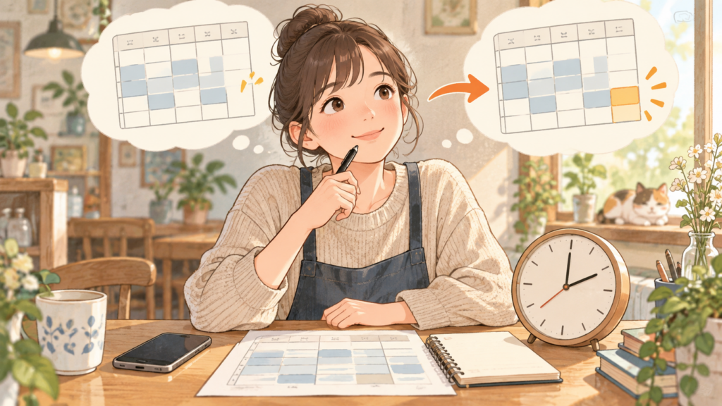パートの週19時間と20時間の勤務条件をシフト表で確認するイラスト