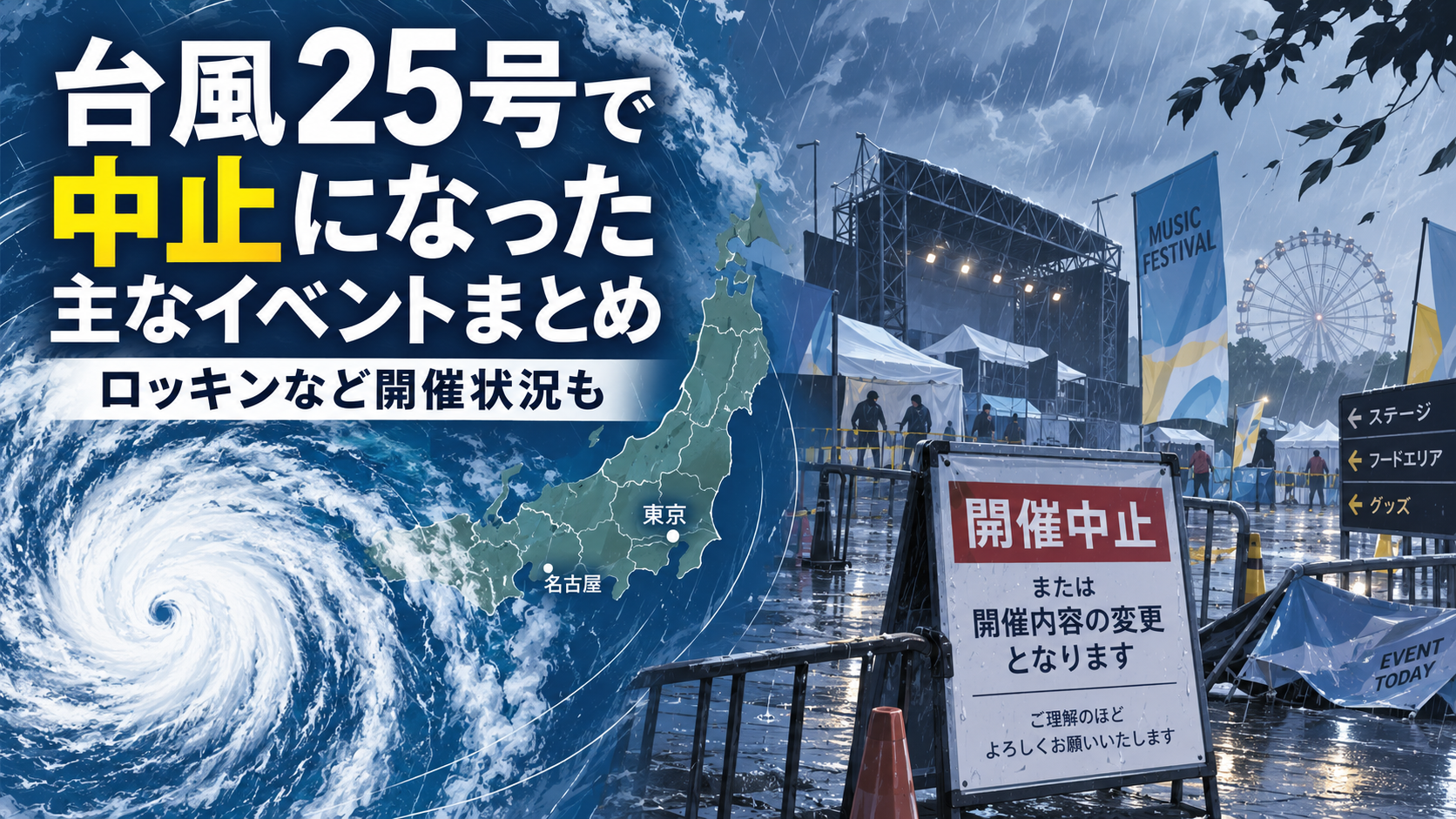 台風25号で中止、雨のイベント会場