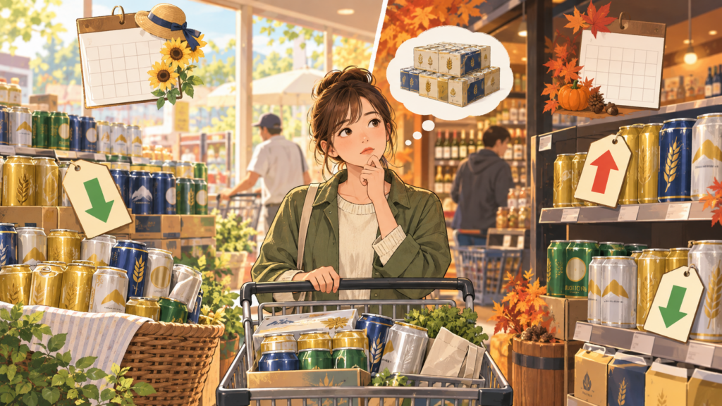 秋のスーパー価格比較を考える女性